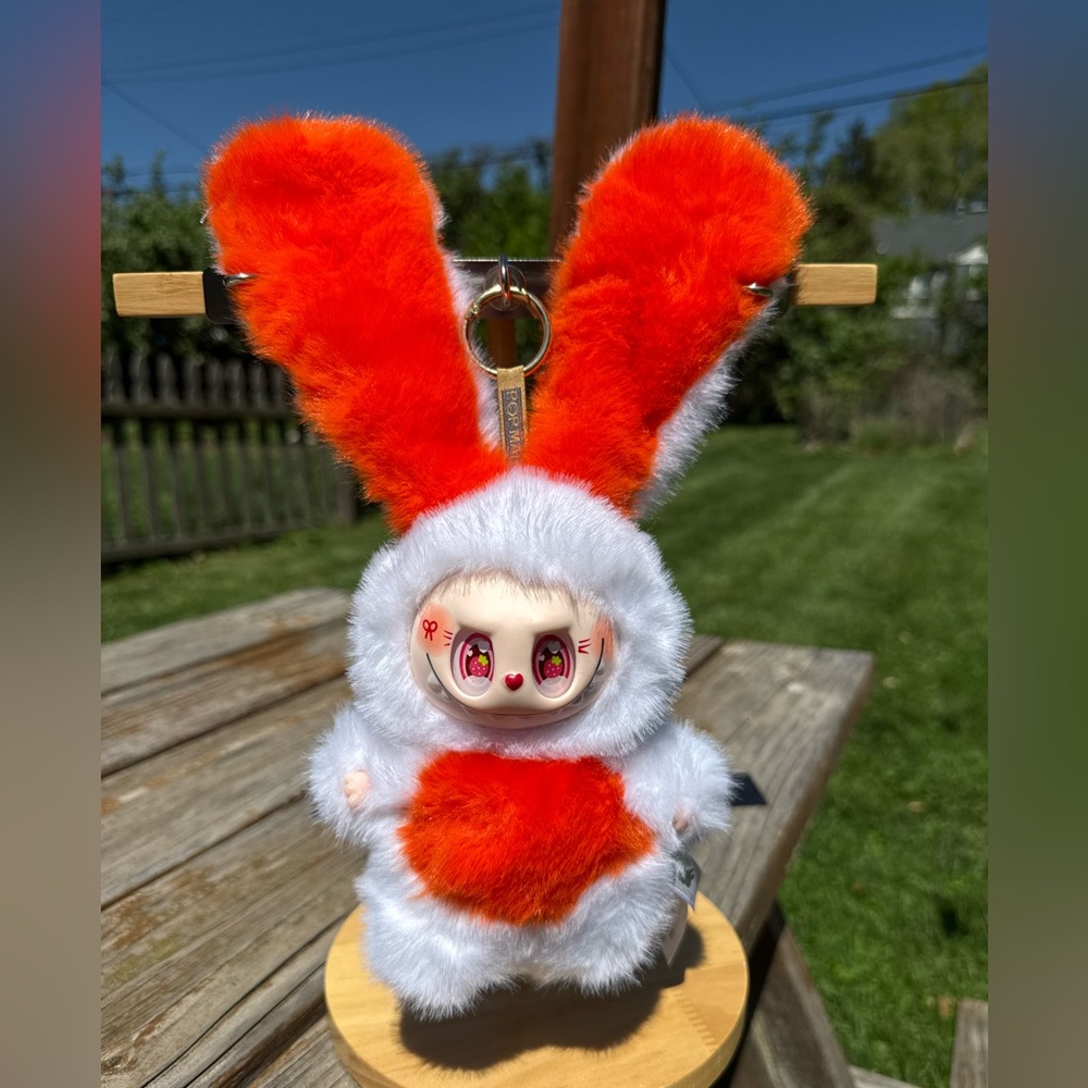 Plush Orange Labubu Bunny with ears Keychain - White and Bright Orange Faux Fur